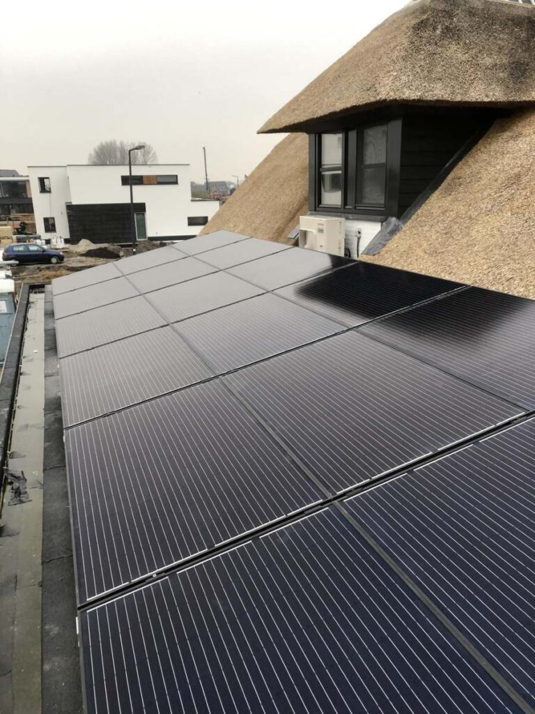 Zonnepanelen naast een rieten dak
